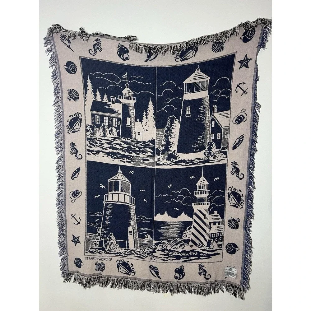 VTG Crown Crafts Tapestry Nautical Lighthouse Sea Shell Throw Blanket 50x60 USA